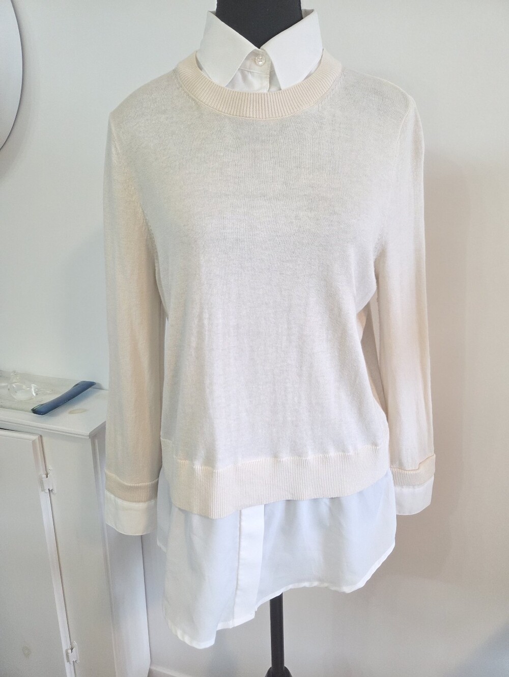 Sandro silk/cotton/cashmere sweater with faux shirt insert Sz M
